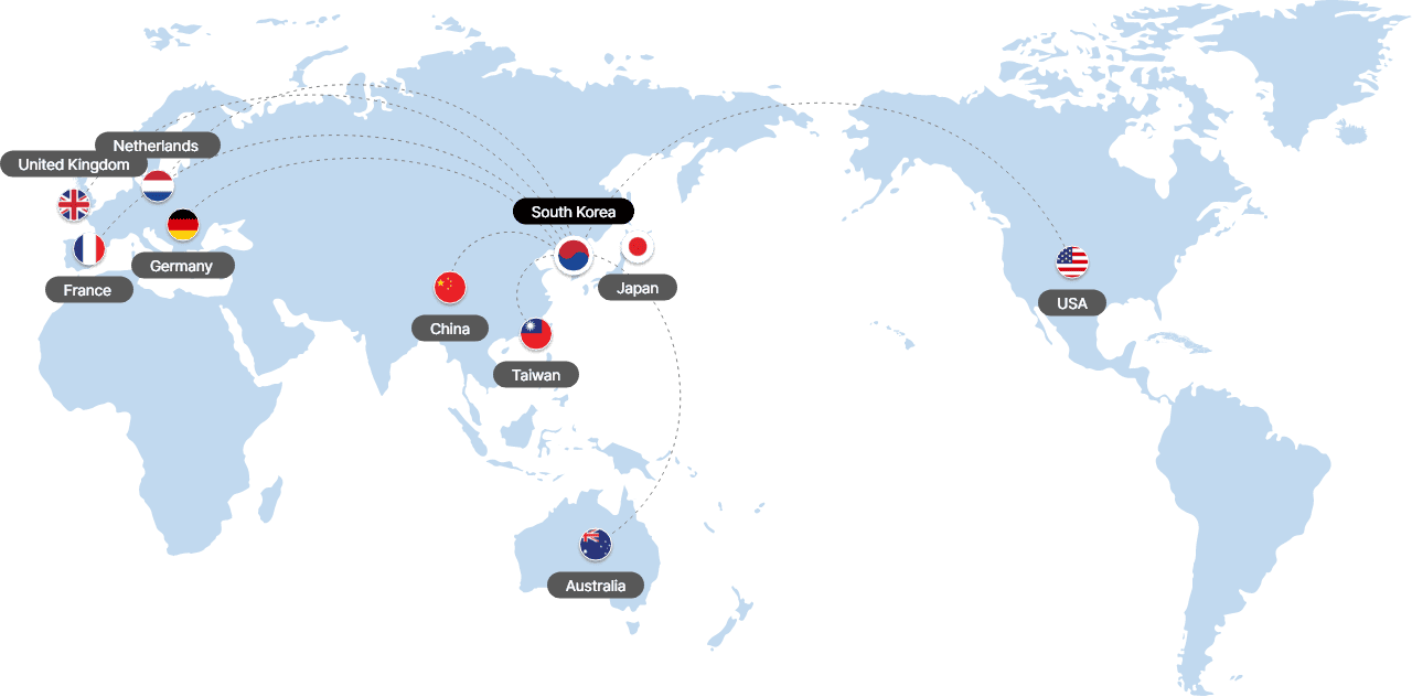 global-map-en United Kingdom, Netherlands, France, Germany, South Korea, Japan, China, Taiwan, Australia, USA