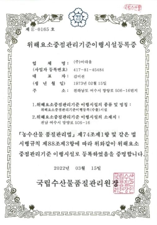 위해요소중점관리기준이행시설 등록증